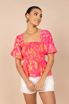 Addison Peplum Top - Pink Tropics