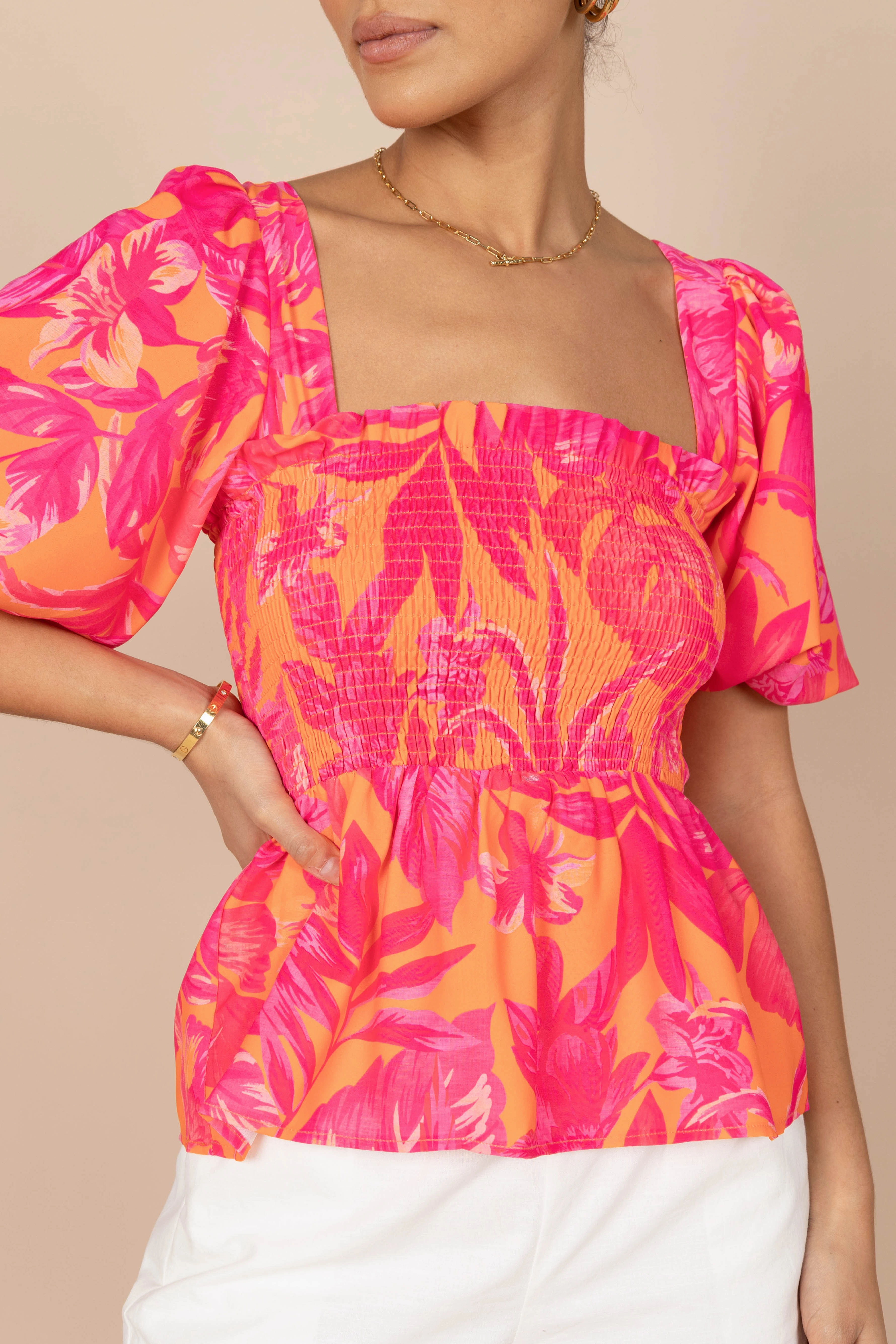 Addison Peplum Top - Pink Tropics