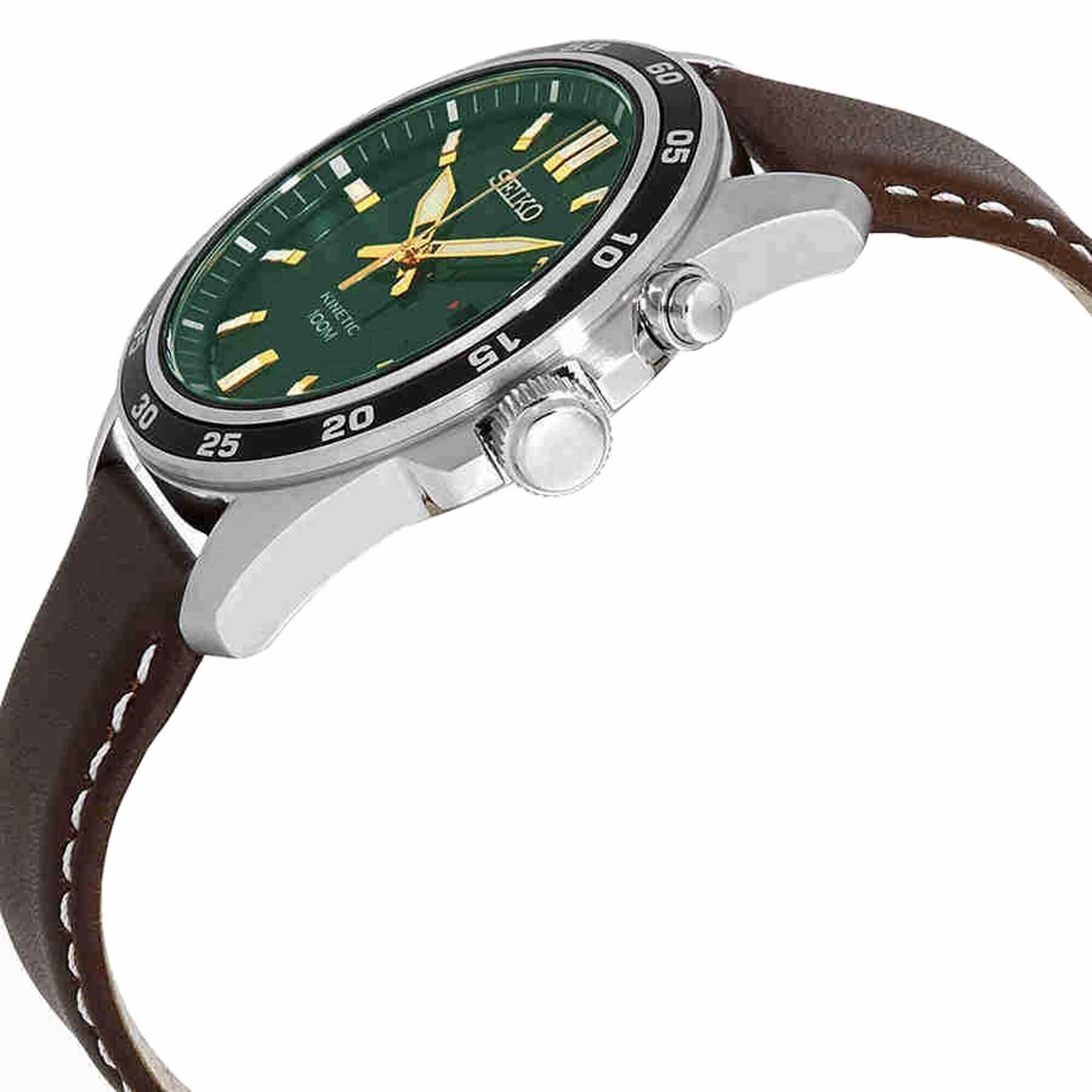 Seiko Men's Watch - Kinetic Green Dial Brown Genuine Leather Strap Quartz | SKA791
