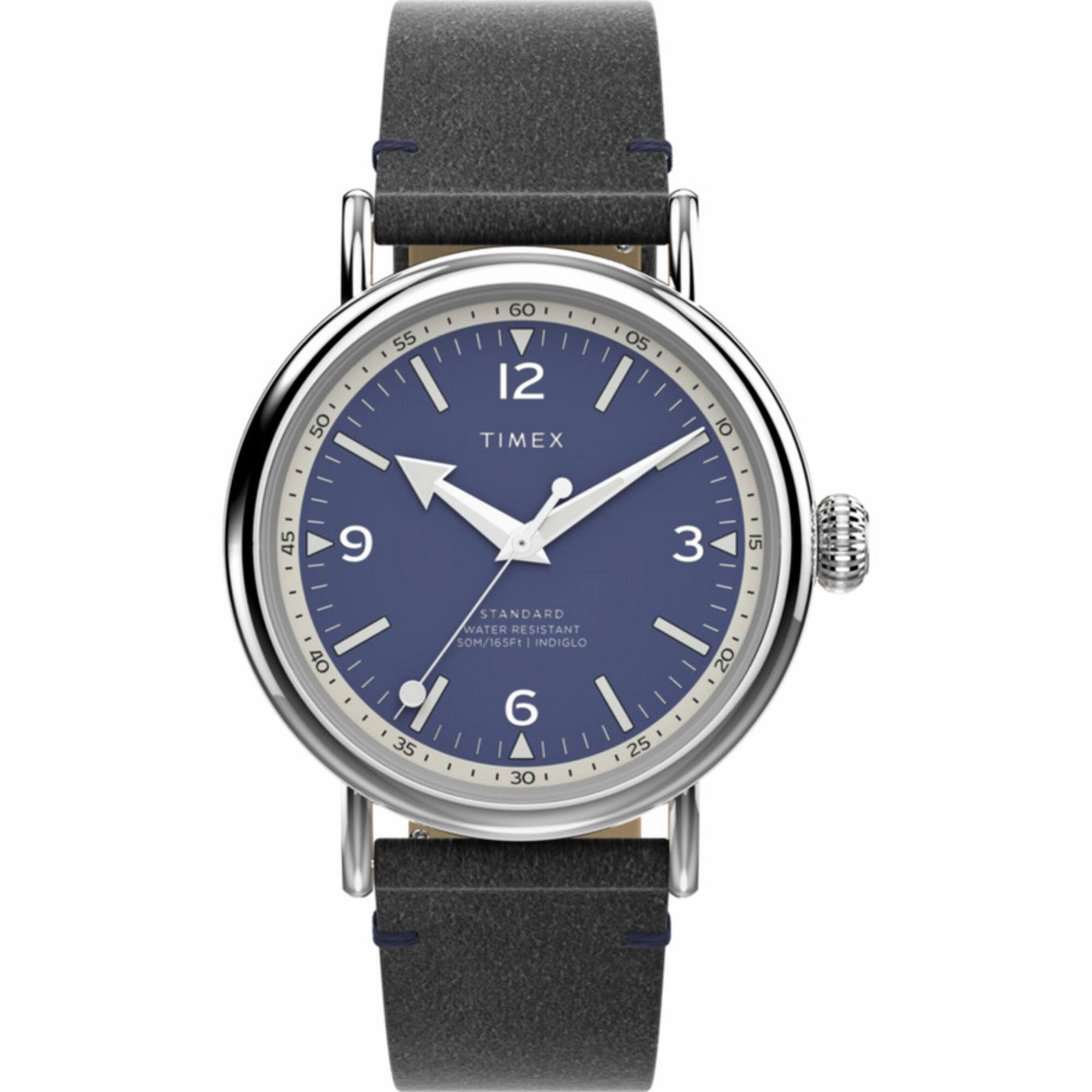 Timex Men's Watch - Standard Blue and White Dial Black Leather Strap | TW2V71300VQ
