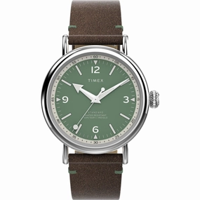 Timex Men's Watch - Standard White and Green Dial Brown Leather Strap | TW2V71200VQ