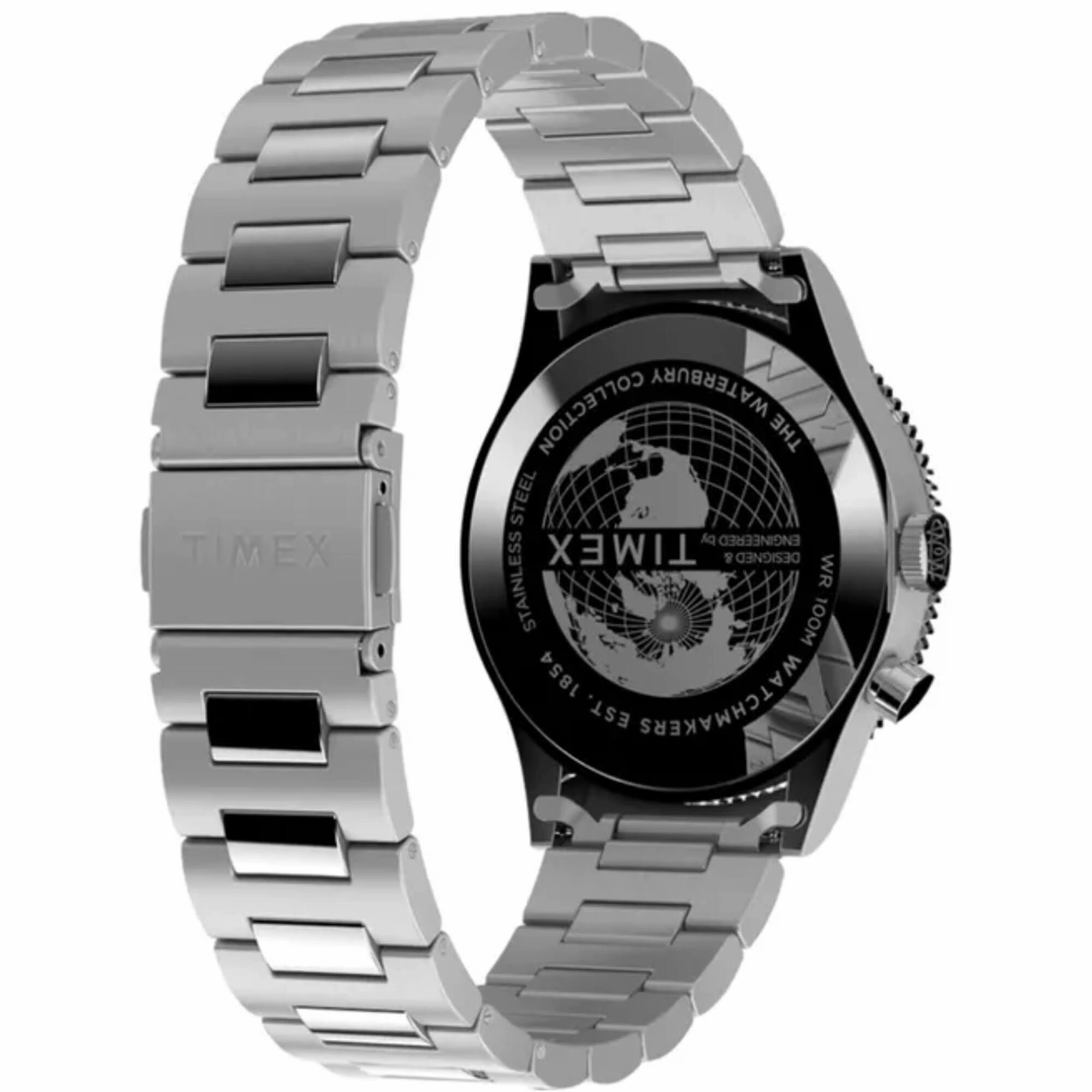 Timex Men's Watch - Waterbury Quartz GMT Black Dial Silver Tone Bracelet | TW2W22700VQ