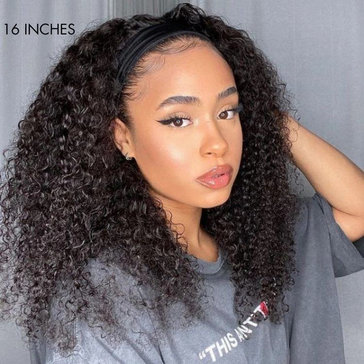 Weekly Special | Natural Black Jerry Curly No Lace Glueless Free Part Long Headband Wig 100% Human Hair (Get Free Trendy Headbands)