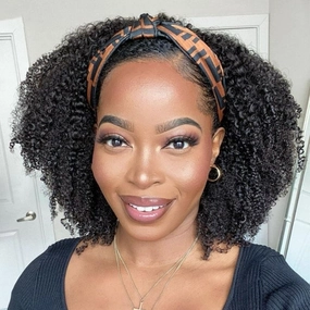 Weekly Special | Natural Black Jerry Curly No Lace Glueless Free Part Long Headband Wig 100% Human Hair (Get Free Trendy Headbands)
