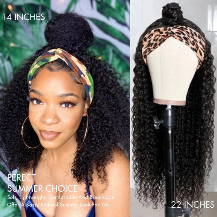 Weekly Special | Natural Black Jerry Curly No Lace Glueless Free Part Long Headband Wig 100% Human Hair (Get Free Trendy Headbands)