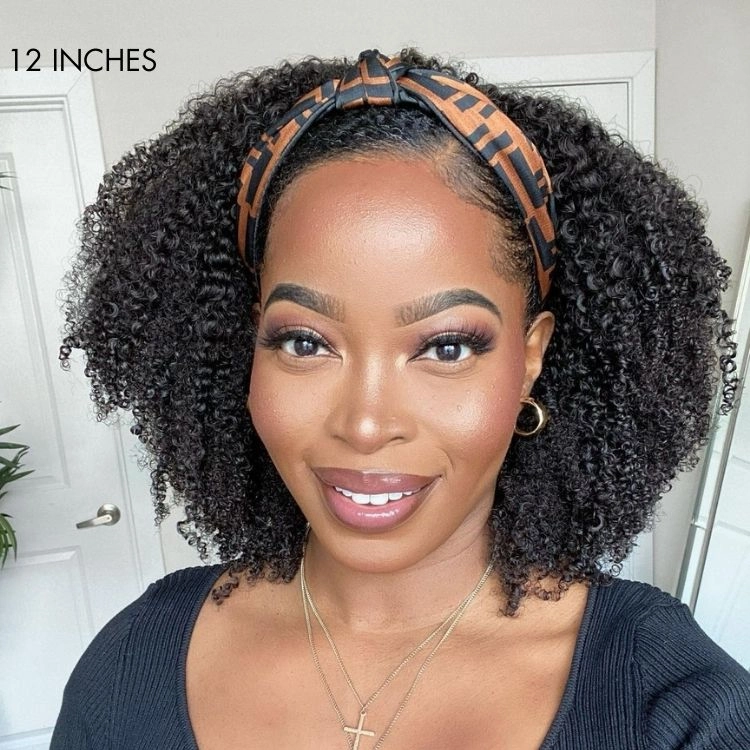 Weekly Special | Natural Black Jerry Curly No Lace Glueless Free Part Long Headband Wig 100% Human Hair (Get Free Trendy Headbands)
