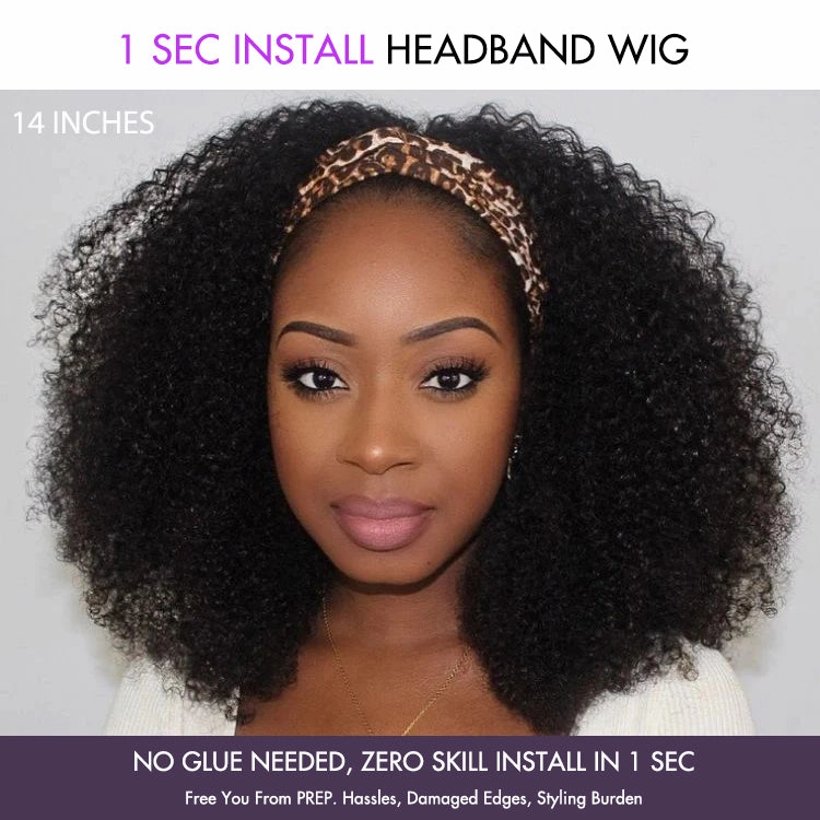 Weekly Special | Natural Black Jerry Curly No Lace Glueless Free Part Long Headband Wig 100% Human Hair (Get Free Trendy Headbands)