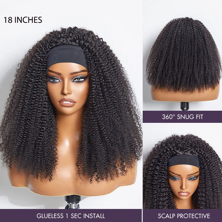 Weekly Special | Natural Black Jerry Curly No Lace Glueless Free Part Long Headband Wig 100% Human Hair (Get Free Trendy Headbands)